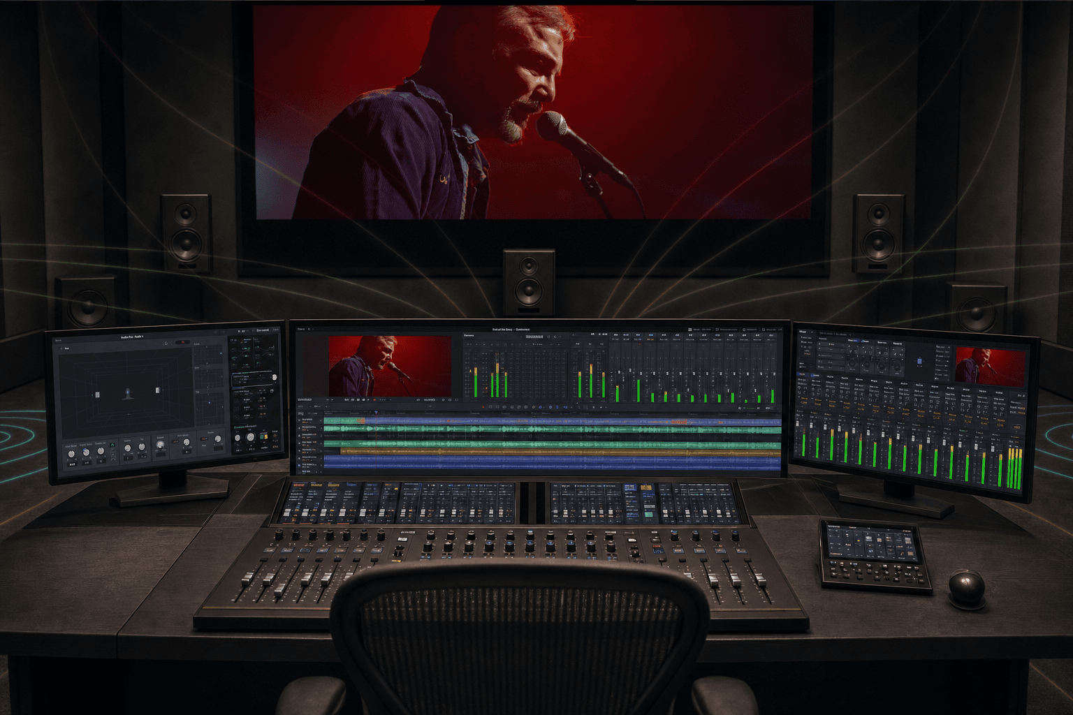 Close view of a Fairlight mixing desk with three displays showing an End of the Dial performance frame, audio meters, a multitrack timeline, and immersive panning controls.