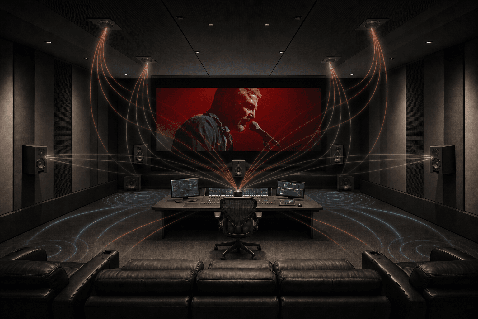 Color-grading theater showing an End of the Dial performance frame, a Fairlight mixing desk, and a 7.1.4 audio-wave visualization across the bed and height speakers.