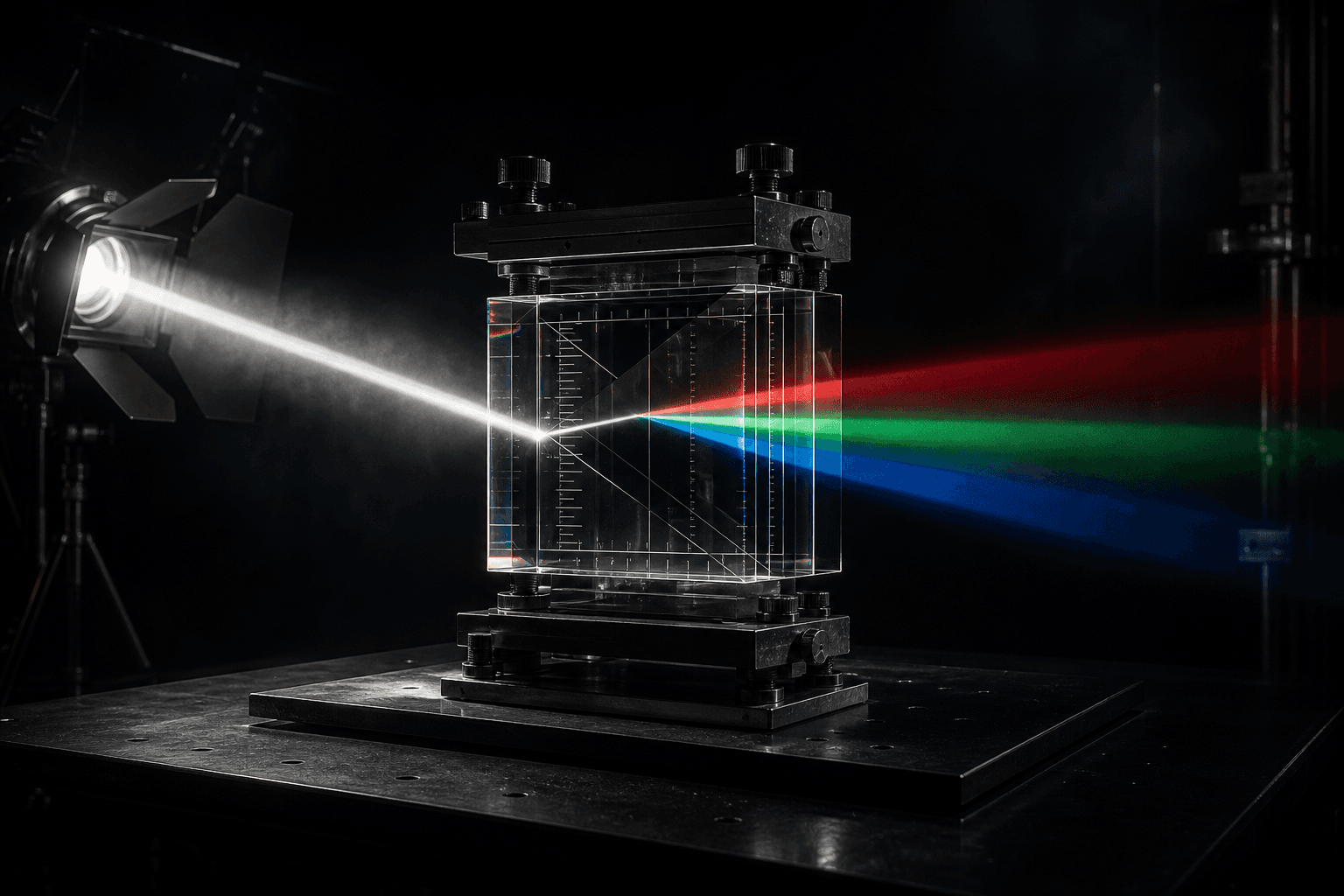 Conceptual illustration of a bright beam entering a glass prism and separating into a controlled spectrum above a dark technical surface.