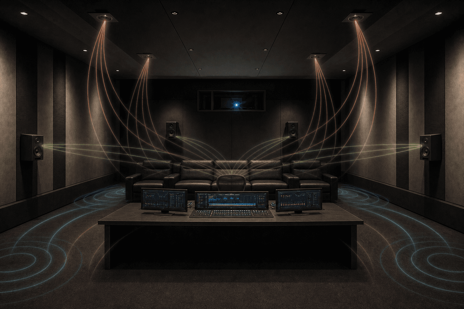 Reverse view from the screen toward the listening position, showing the Fairlight desk, seating, matched bed speakers, four ceiling speakers, and overlaid 7.1.4 sound paths.