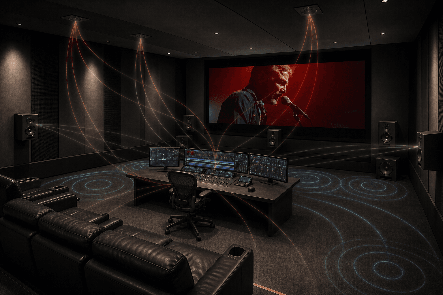Side view across the color-grading theater with an End of the Dial performance frame on screen, the Fairlight desk, seating, bed and ceiling speakers, and overlaid audio-wave paths.
