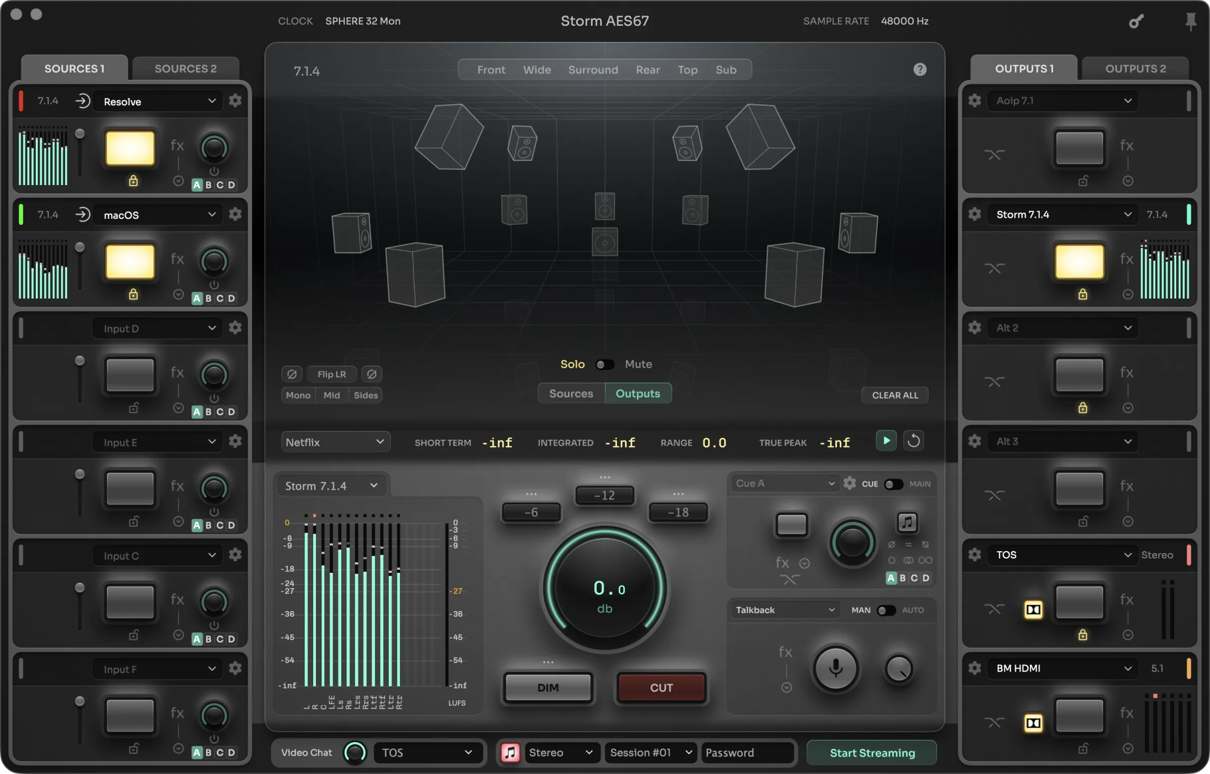SPHERE routing view showing DaVinci Resolve and macOS as active 7.1.4 sources, each routed to the StormAudio 7.1.4 output; the physical monitoring room is 7.4.4.